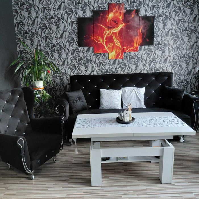 Zestaw Mebli Glamour Kanapa rozkładana,Fotele, Stół,puf Komplet mebli