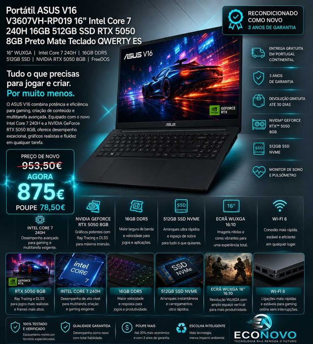 EN ASUS V16 V3607VH-RP019 16" Intel Core 7 240H 16GB 512GB SSD RTX 5050 8GB Preto Mate