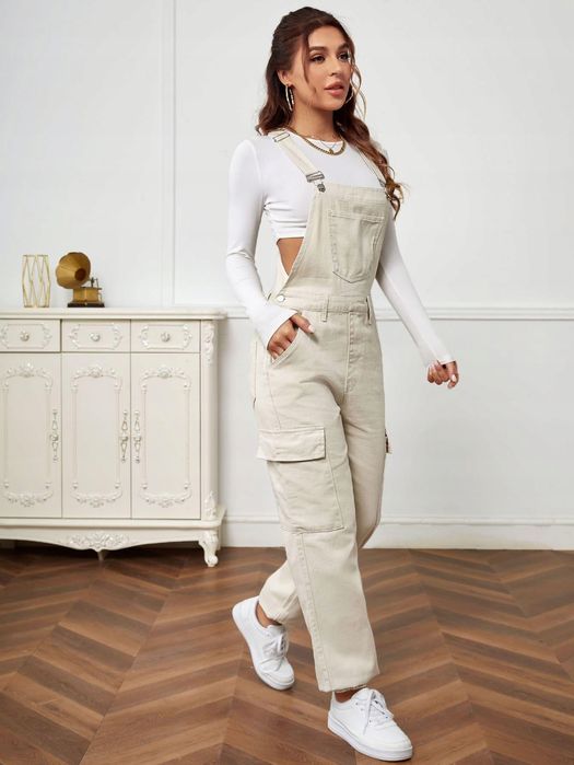 Ogrodniczki jeansowe proste casual beżowe SHEIN S