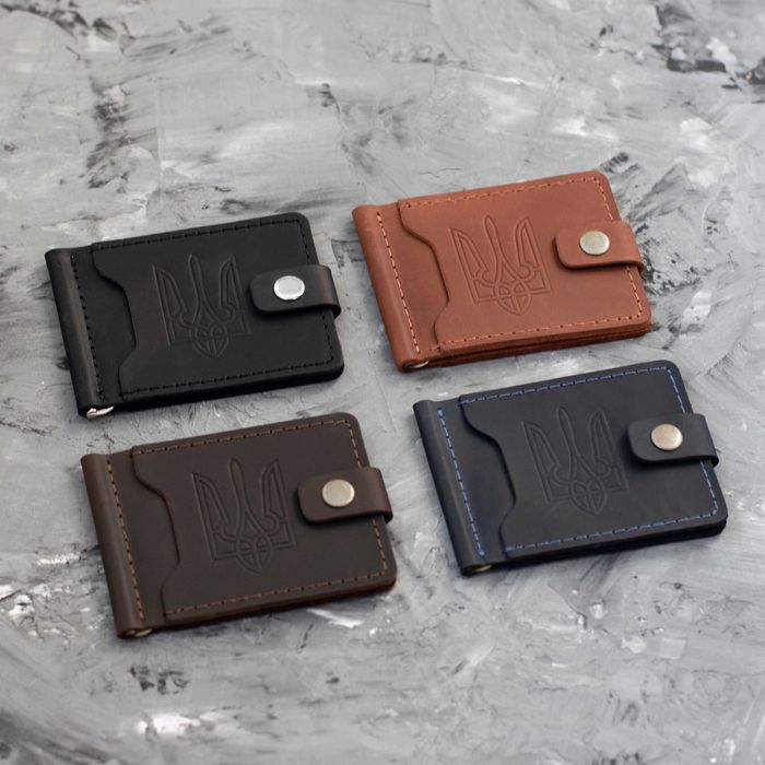 Затискач для грошей та карток на кнопці з тисненя герба України