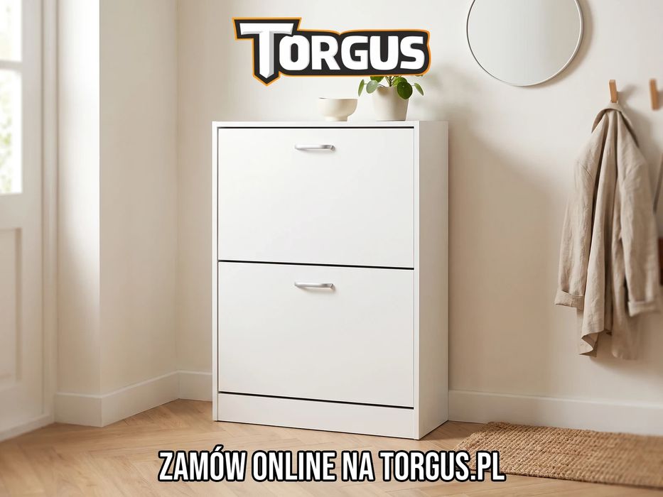 NOWA Szafka na Buty 2-komorowa Biała 60x80x24 cm Wąska Uchylne Klapy Obuwnik Szafka do Przedpokoju Korytarza Garderoby Płytka Mała OKAZJA! FV