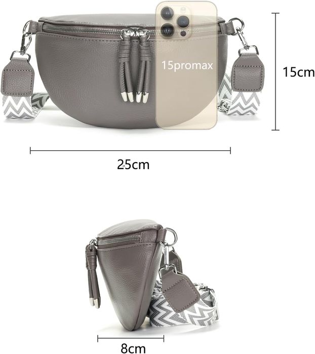 Torebka damska crossbody nerka - skóra PU - szara 25x15x8 cm