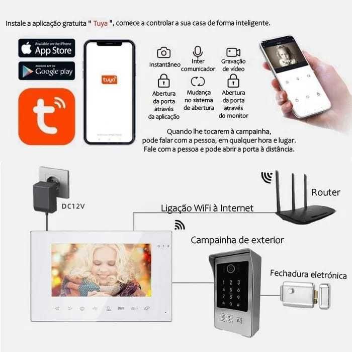 Vídeo Porteiro Tuya * S/ Fios * WiFi * Ecrã Tátil 7 Polegadas * Código