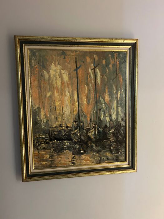 Obraz olejny – port, łodzie rybackie | De Groote | rama złocona