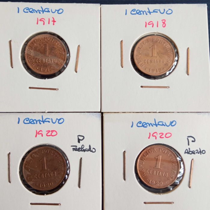 Moedas 1 centavo, 1917, 1918, 1920 (P fechado) 1920 ( P aberto)