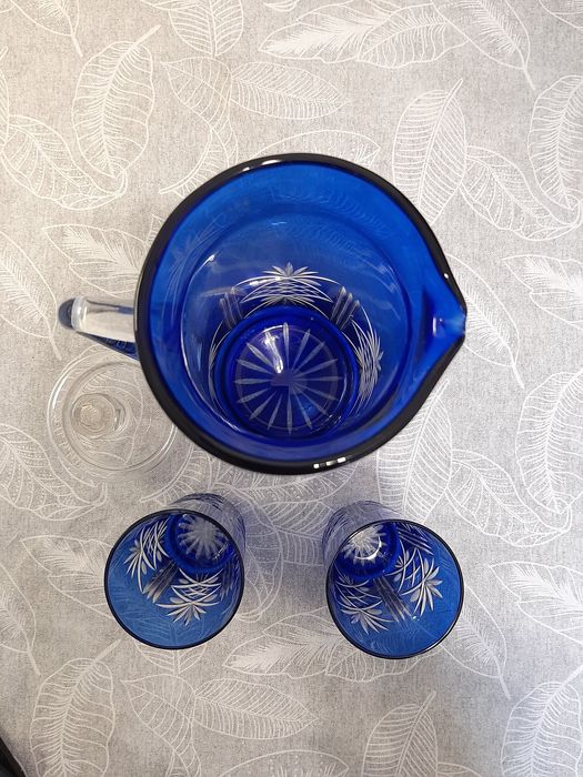 Кувшин и два стакана цветной синий хрусталь
