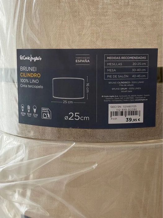 2 abajures de linho El Corte Inglés novos 25 cm