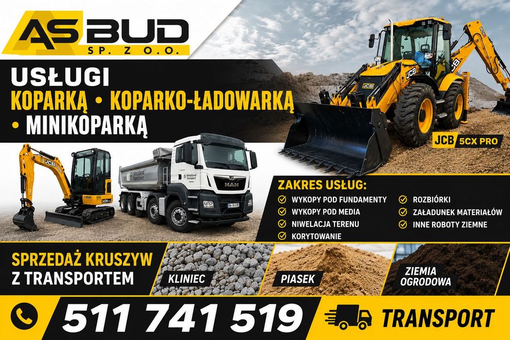 Usługi minikoparką, koparko ładowarką, prace ziemne wykopy, transport