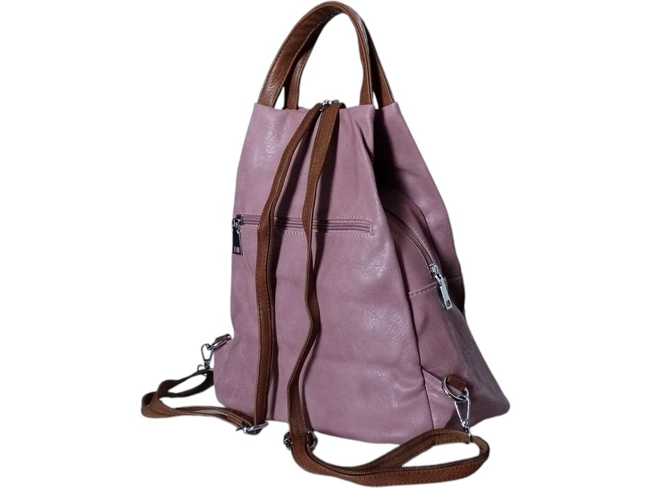 Modny Plecak Damski Worek na Ramię, 6 Kieszeni, Różowy, Ekoskóra