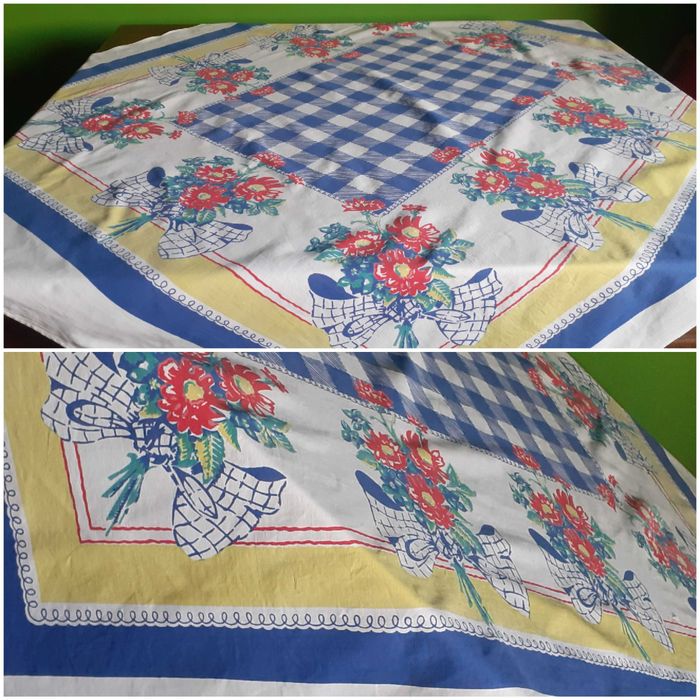 Obrus bawełniany gruby styl retro krata i kwiaty