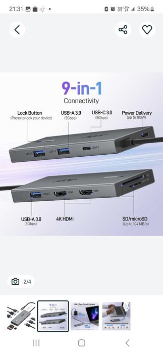 Stacja dokująca Acer 9w1 USB-C do dwóch monitorów z 2 wejściami HDMI