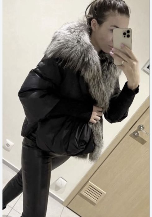 Пуховик куртка авто леди  натуральный пух мех  лиса песец чернобурка