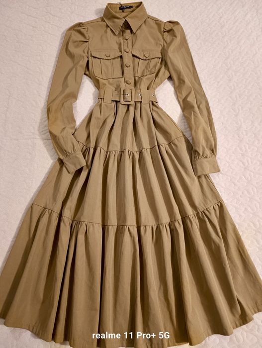 Przepiękna camelowa MIDI rozpinana sukienka do karmienia S/M