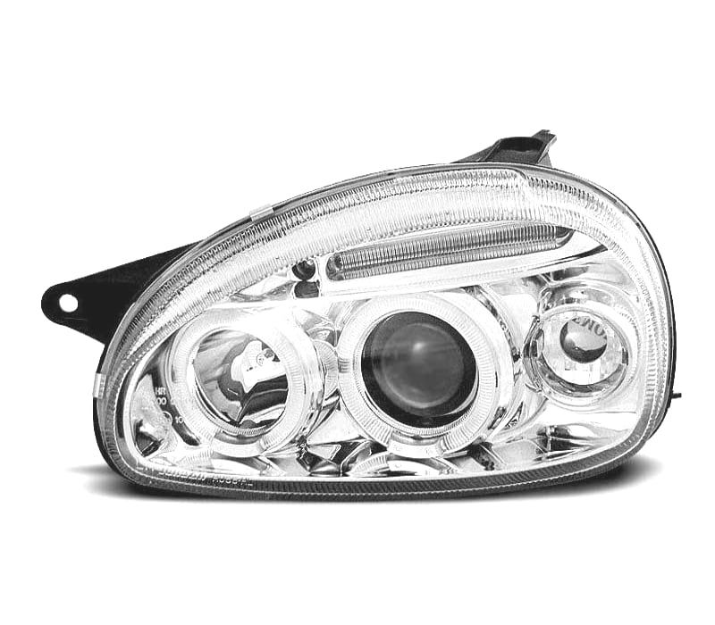 FARÓIS ANGEL EYES OPEL CORSA B 93-00 FUNDO CROMADO MAN.