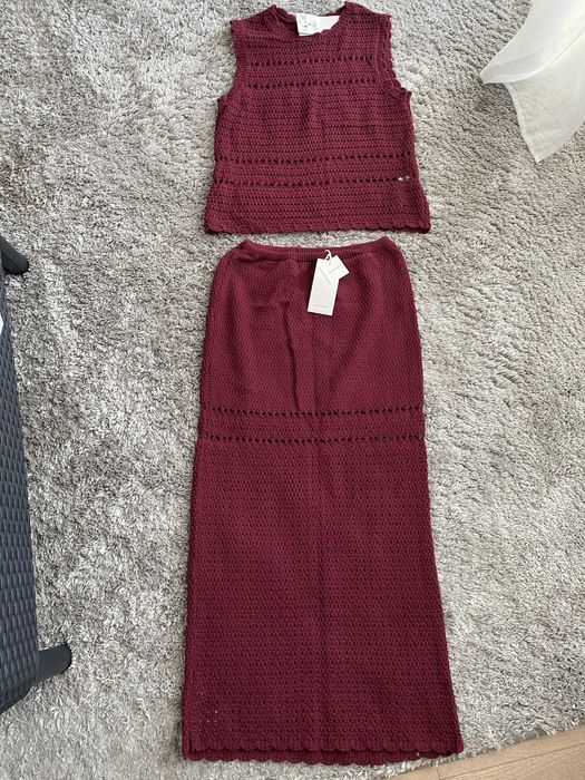 Dzianinowy ażurowy komplet top bluzka + spódnica S Reserved bordo
