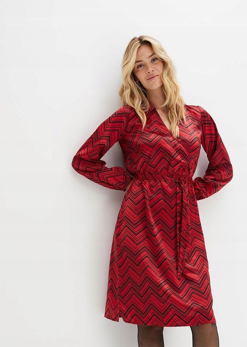 B.P.C sukienka satynowa czerwona w czarne wzory midi 36.