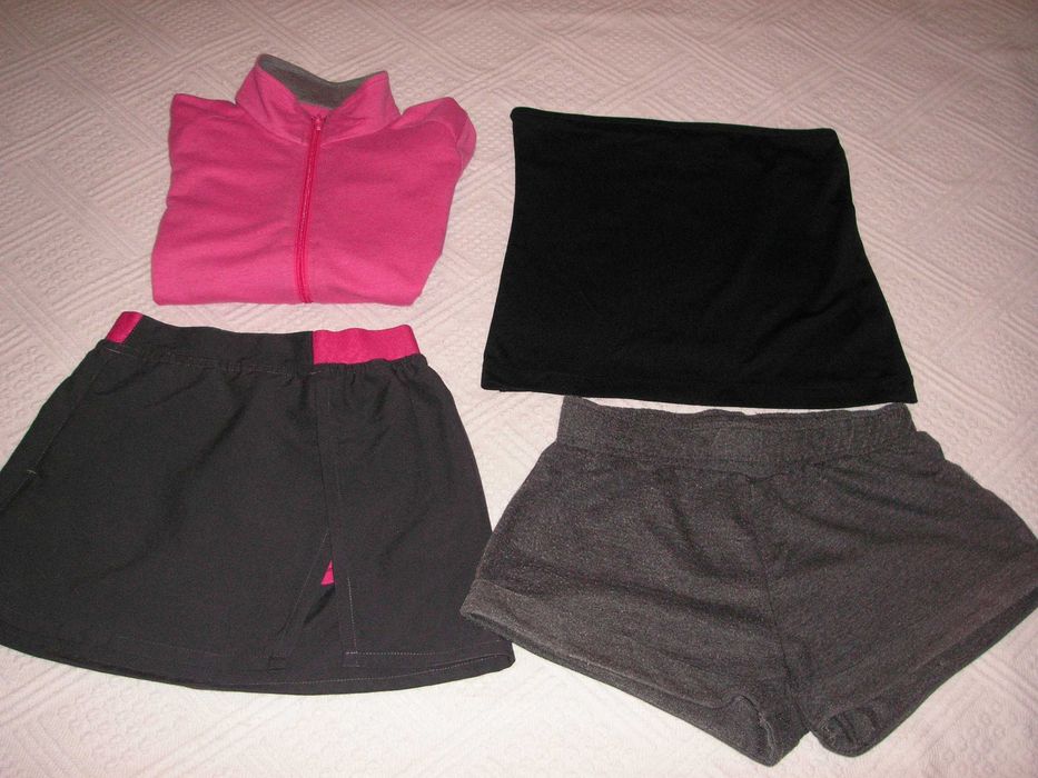 Decathlon Sweatshirt, Quechua Skort, Doone Shorts, Zara TRF Skirt