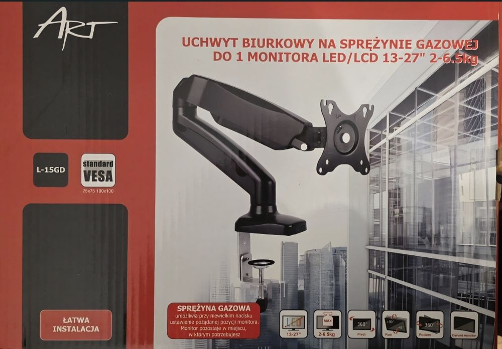 Ramię do monitora LED/LCD ze sprężyną gazową: Art L-15GD