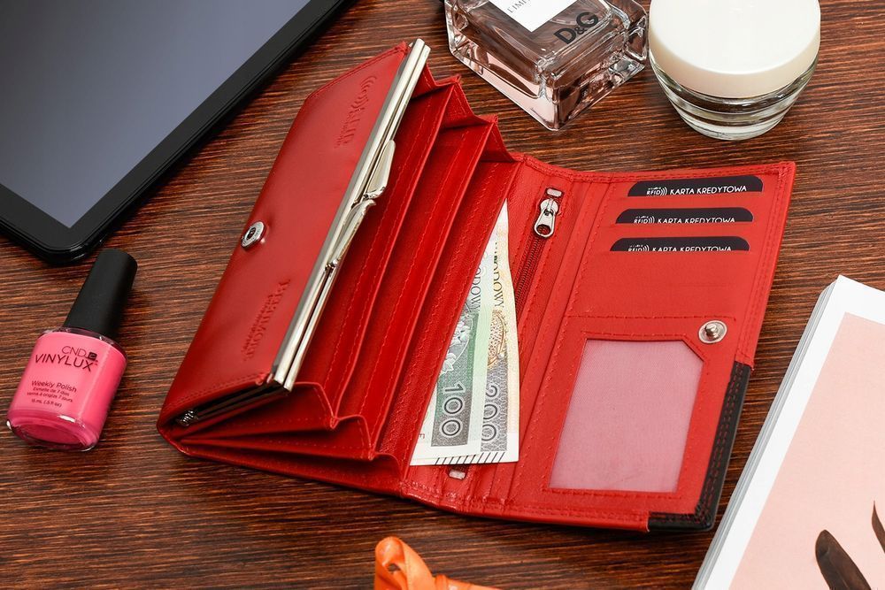 BELTIMORE portfel skórzany damski RFiD skóra karty ze skóry czerwony
