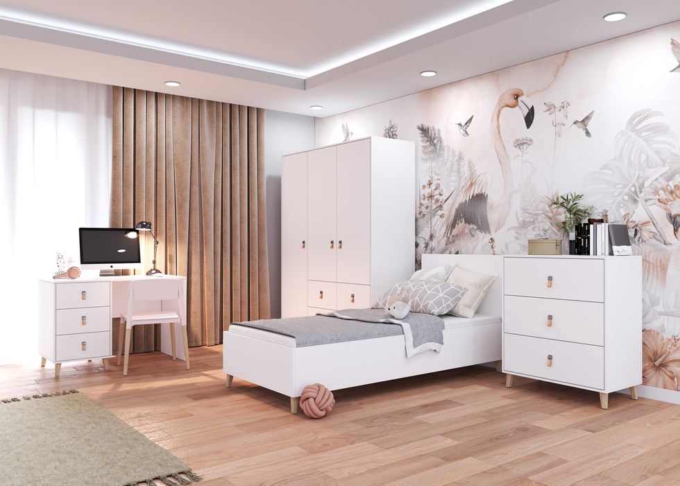 Zestaw mebli dziecięcych NELA biały mat - biurko, szafa, łóżko, komoda