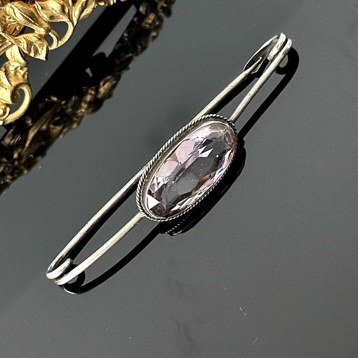 Srebrna broszka z dużym naturalnym Ametystem – oryginał secesja, 1900r