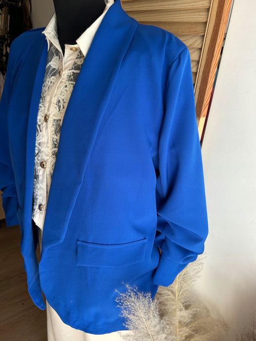 Marynarka damska Plus Size – elegancka Luźny krój rękaw 3/4 chabrowa