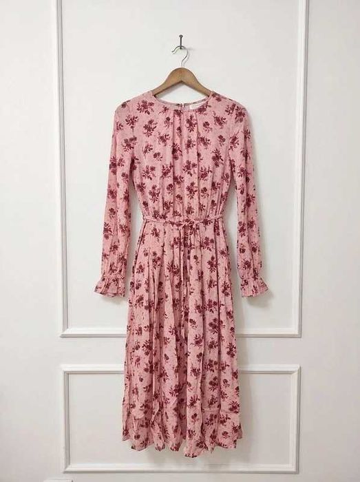 Sukienka midi długa róż wiązana w pasie falbanki kwiaty romantyczna boho 100% wiskoza M&S M 38
