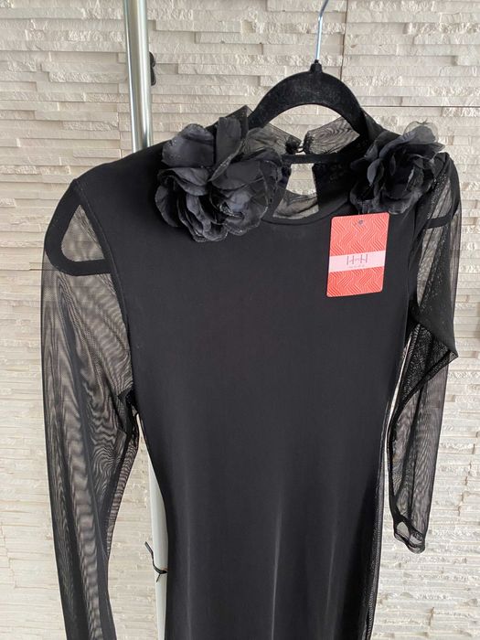 HH Moda Italy nowa sukienka łączone materiały tiul Broszki kwiat róża