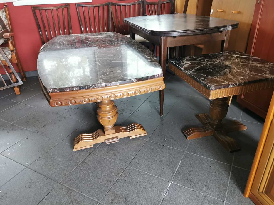 Stolik Kawowy kwadrat  półokrągły Brązowy Marmur antyk drewno stoliki