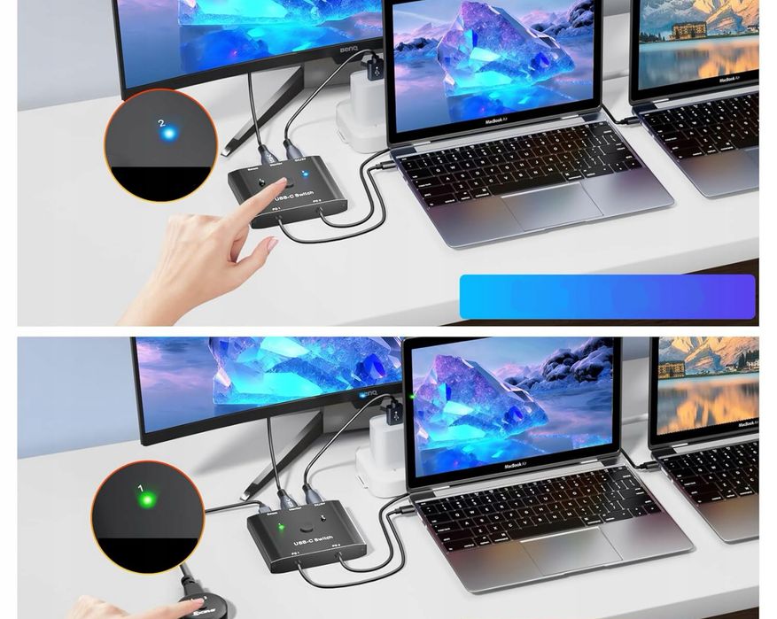 Przełącznik USB C 2 w 1 KCEVE C201B KVM 2 laptopy 1 monitor 4K 120 Hz