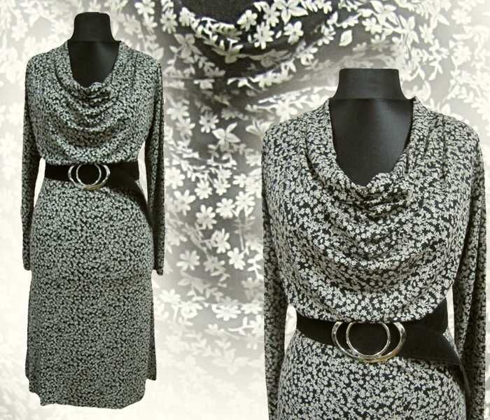 midi Sukienka z luźnym dekoltem dzianina wzór szara łączka S/M