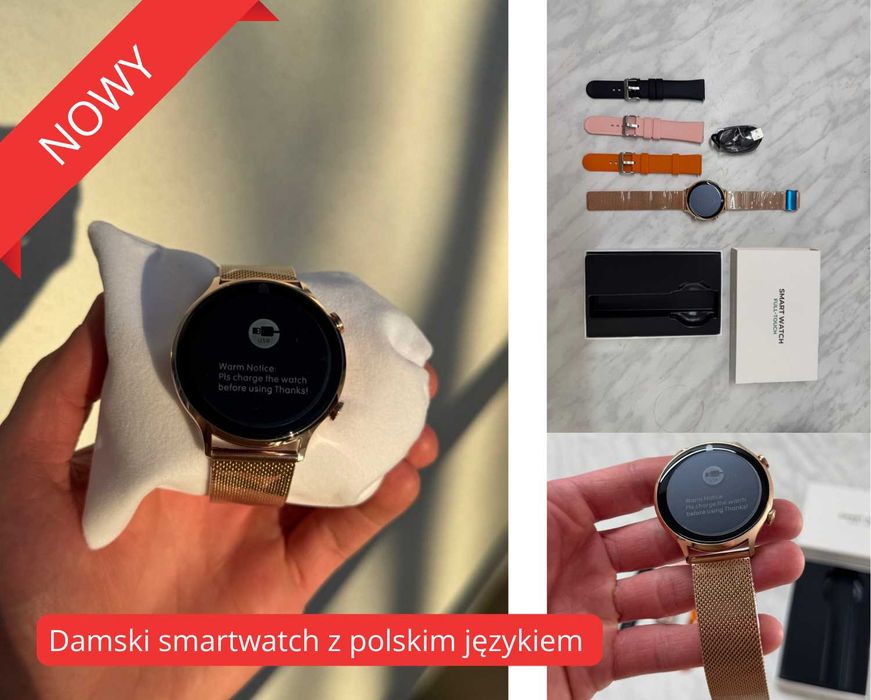 NOWY Smartwatch damski złoty wodoodporny PL menu rozmowy + 4 paski