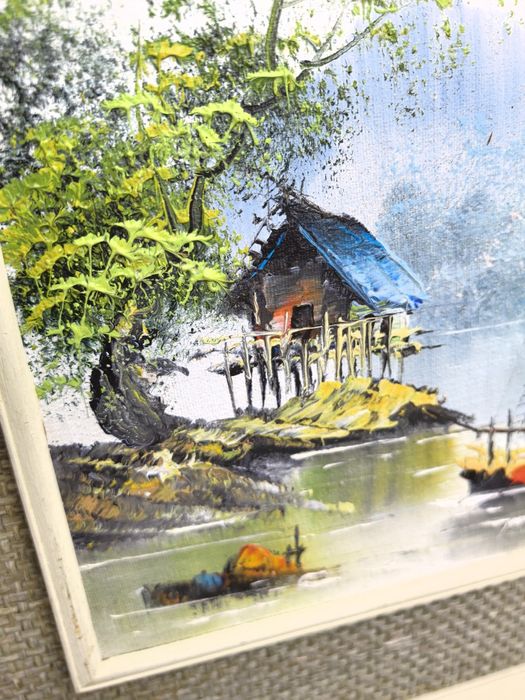 Obrazy olejne, azjatyckie łodzie, gruba warstwa farby, sygnowane