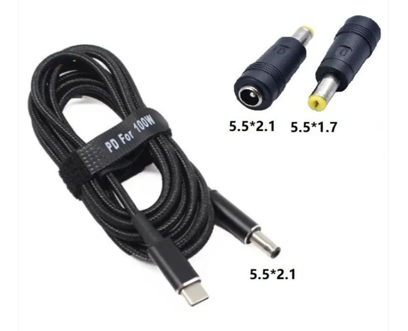 USB Type-C 100W кабель питания и переходник DC 5.5×1.7 для зарядки ноу