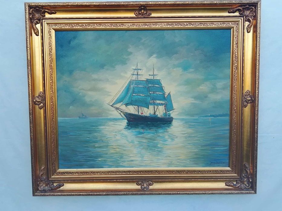 Stary obraz na płótnie Jorgen Bille 1915- 1985 żaglowiec .