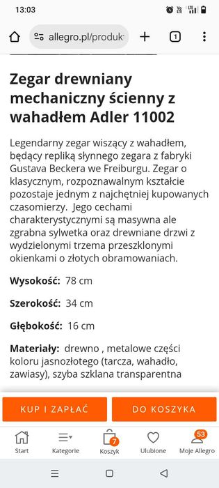 Zegar nakręcany mechaniczny Adler 11002 orzech. Nowy