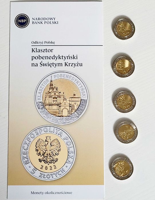 Moneta 5 ZŁ Klasztor pobenedyktyński na Świętym Krzyżu z folderem