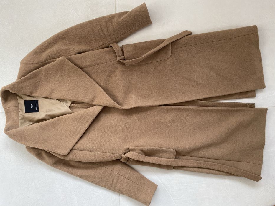 Mango XS plaszcz damski bezowy 71% welna