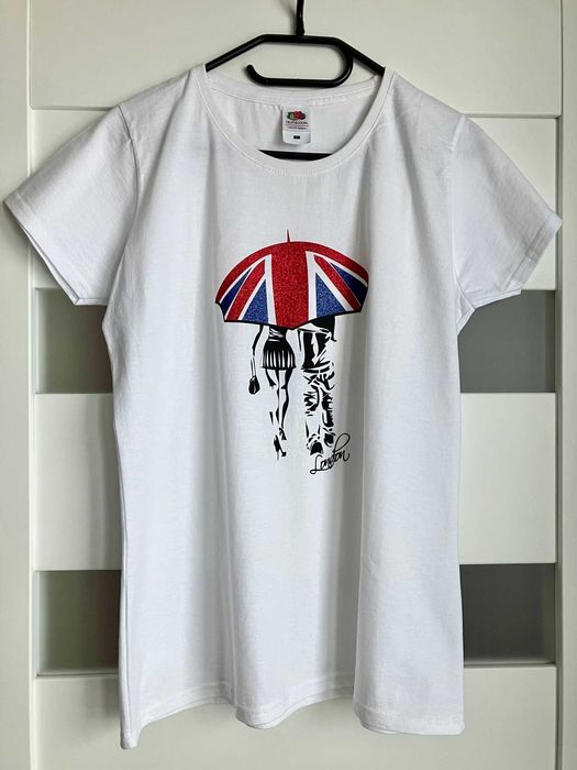 Nowy bawełniany damski tshirt Londyn London biały brokat L