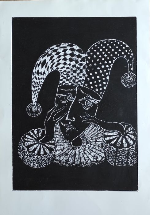 Картина в технике граттаж "Грустный шут"