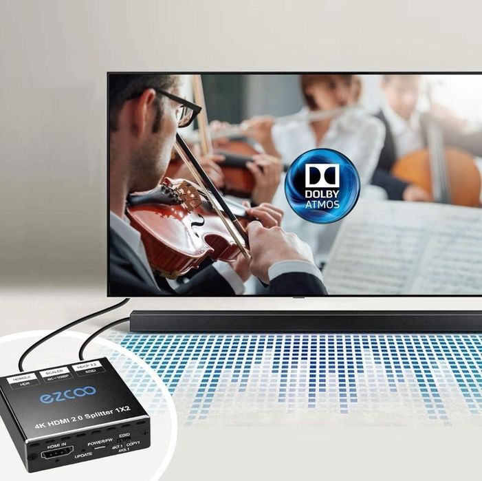 HDMI Спліттер EZCOO 1x2 4K HDR Atmos для PS5 Xbox TV, Dolby Vision