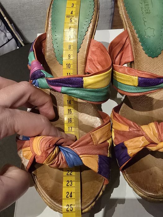 Buty Salamander 39 skóra korek klapki lato szpilki kolorowe ziel pomar