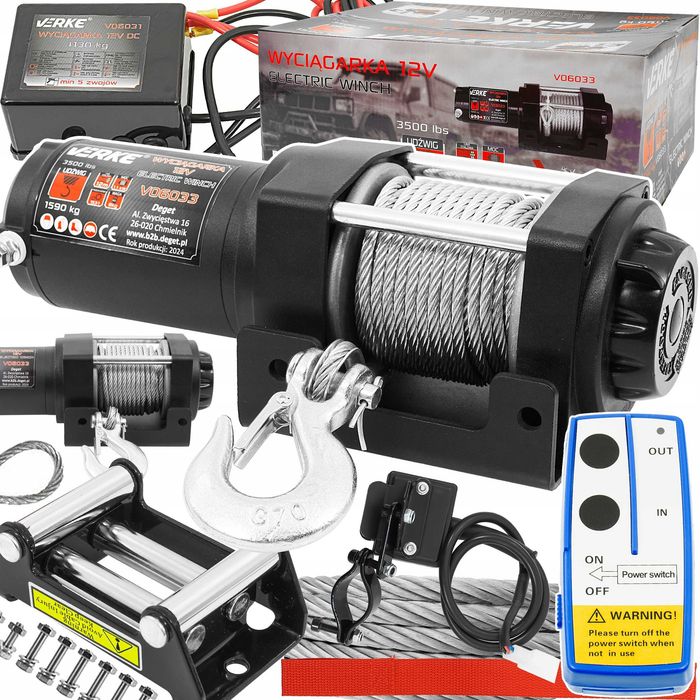 WYCIĄGARKA ELEKTRYCZNA 12V 1590KG Wciągarka Linowa Samochodowa Lawety 12M