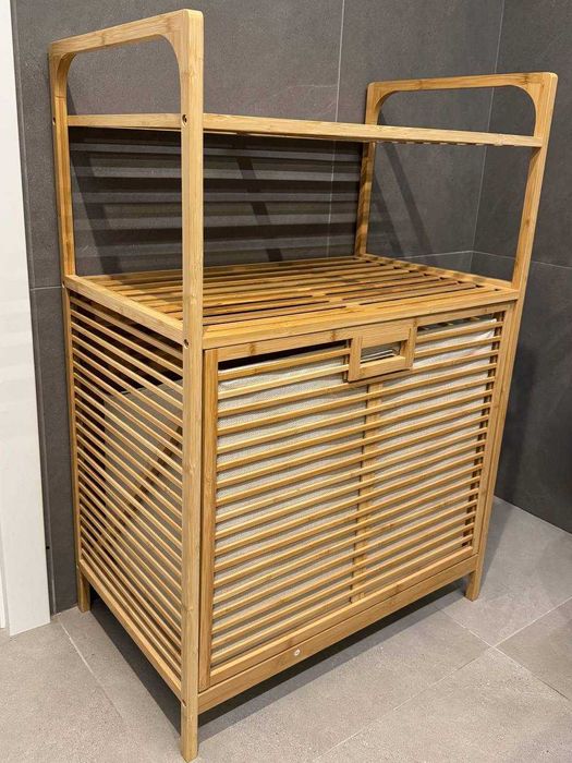 Bamboo laundry hamper with shelves