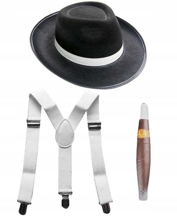 Zestaw Gangstera Lata 20 Kapelusz Szelki Cygaro
