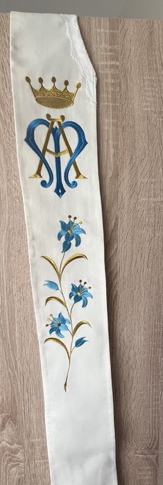 Stuła kapłańska haftowana Maryjna kremowa (ecru)