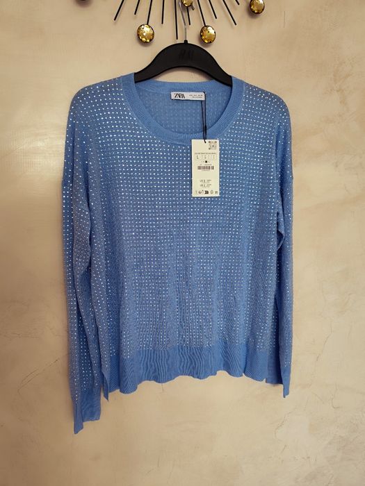 Błyszczący lekki wiosenny sweter Zara L z mieniącymi się kamieniami cy
