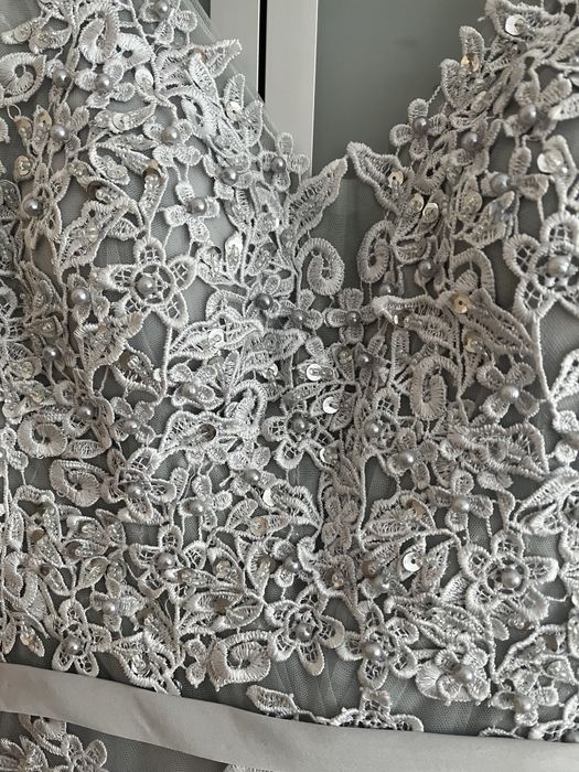 szara tiulowa długa sukienka - studniówka/ wesele/ bal S/M 36/38