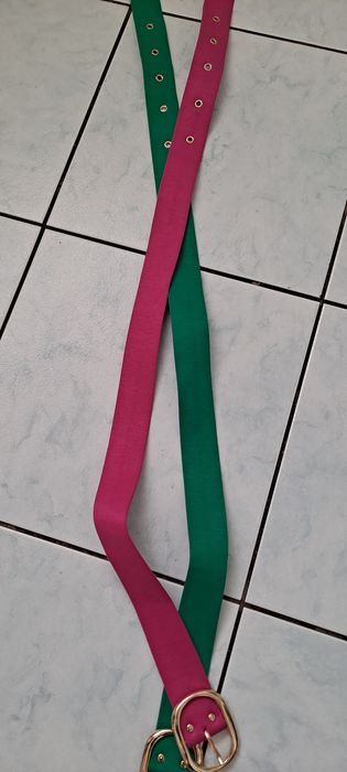 Pasek materiałowy damski do spodni kolor butelka i fuksja