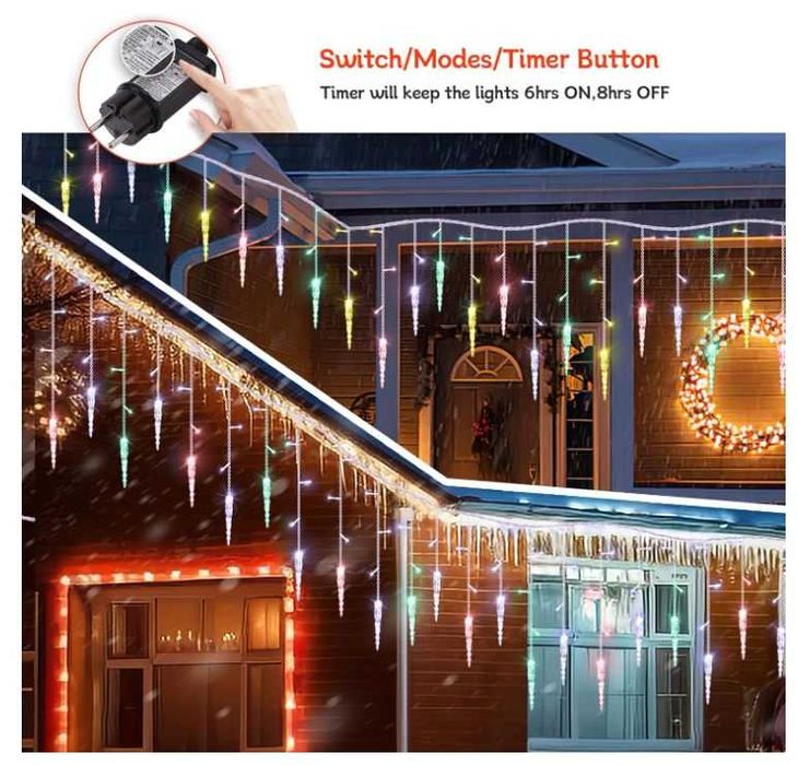 Lampki świąteczne wielokolorowe sople 10m, sterowanie pilotem 8 trybów